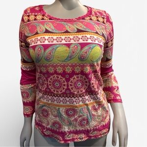 Sundance Wild Beauty Multicolor Patchwork Long Sleeve Top Women's Medium Boho